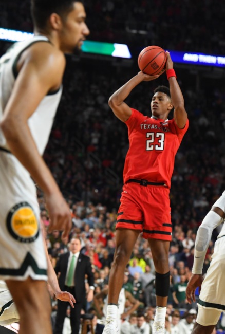Apr 6, 2019; Minneapolis, MN, USA; Texas Tech Red Raiders guard Jarrett Culver (23) hits a three-point shot against the Michigan State Spartans in the semifinals of the 2019 men's Final Four at US Bank Stadium. Mandatory Credit: Robert Deutsch-USA TODAY Sports